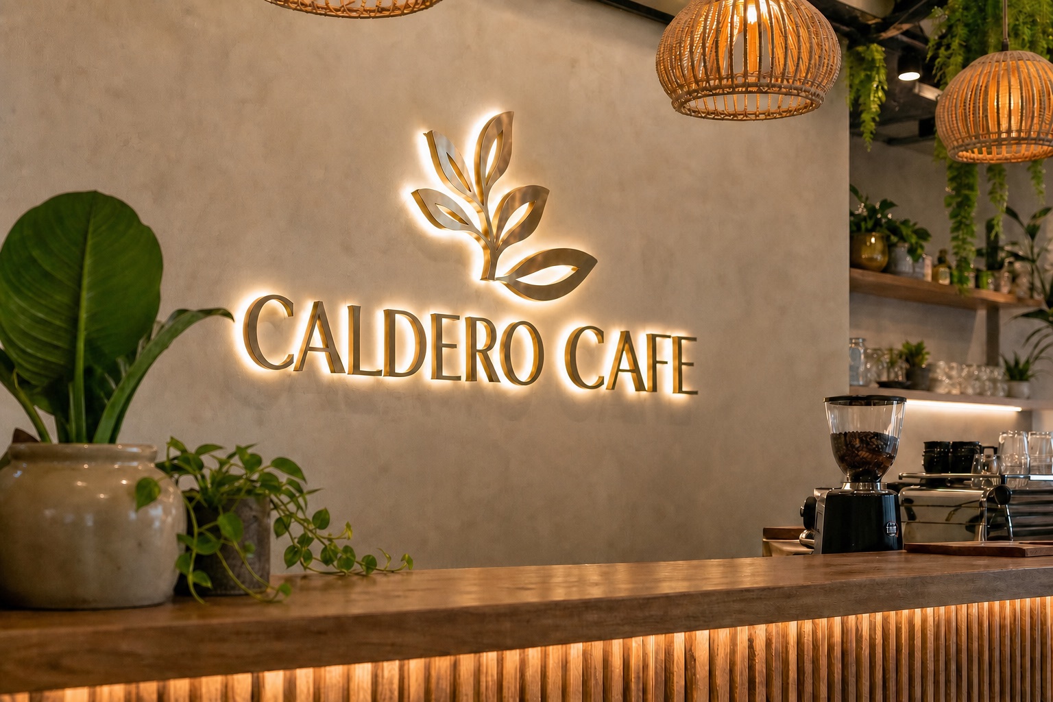 Backlit dimensional metal logo sign behind the counter at Caldero Cafe in Miami