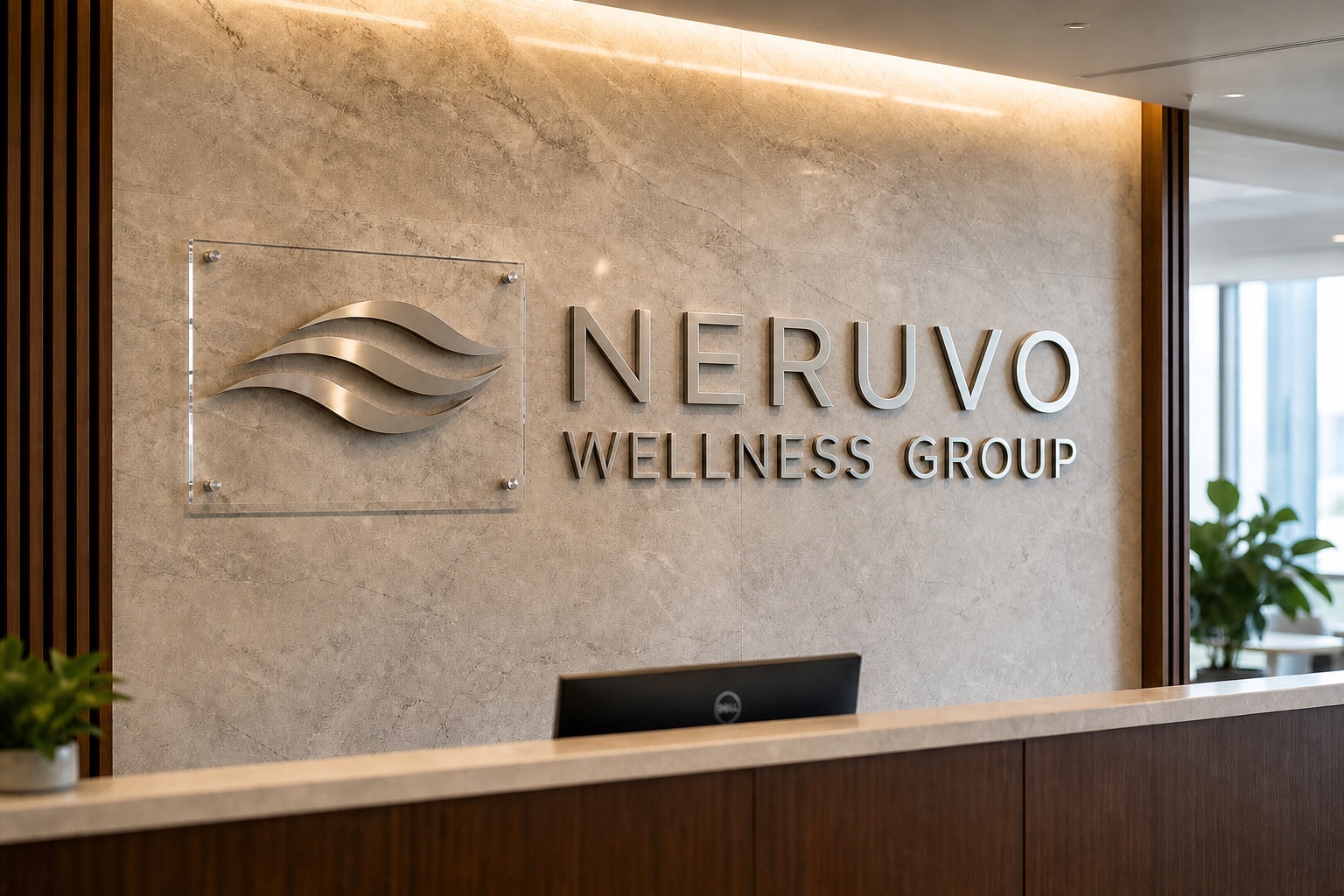 Dimensional metal logo and acrylic sign on a stone reception wall at Neruvo Wellness Group in Miami