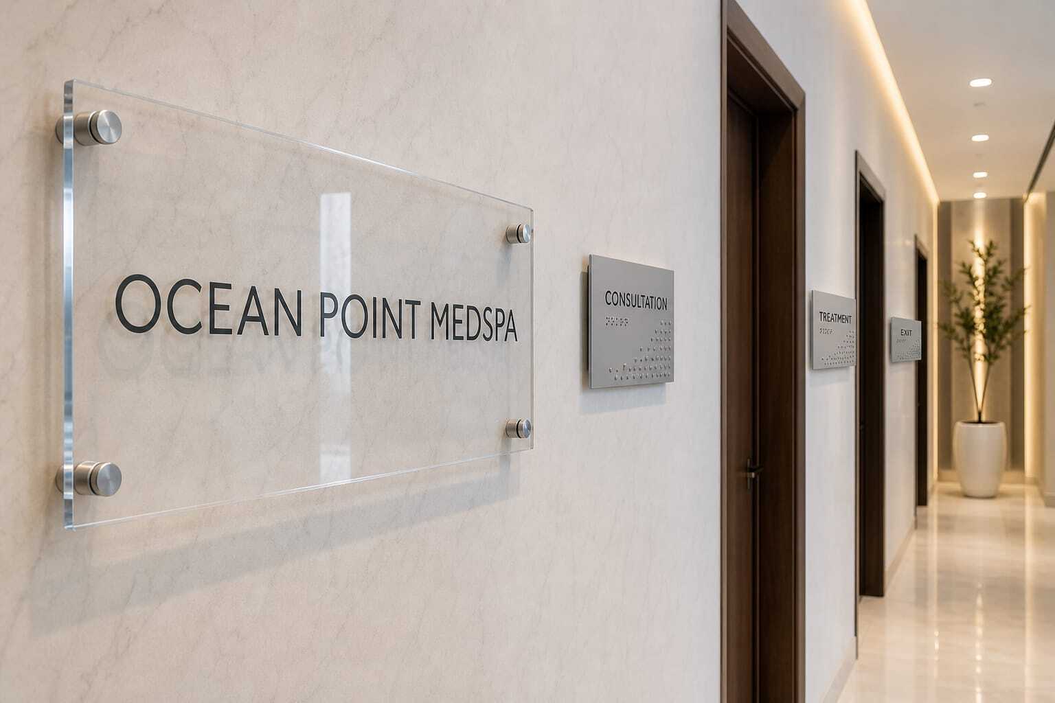 Acrylic standoff lobby sign and ADA room ID signage with Braille at Ocean Point Medspa in Miami