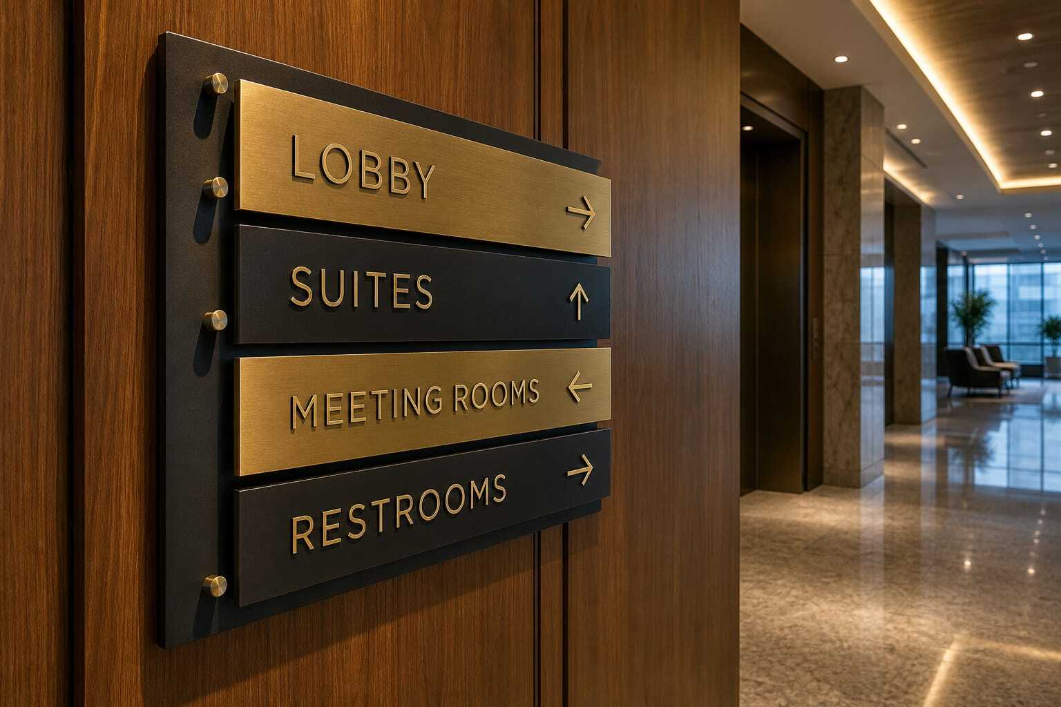 Brass and black directional wayfinding signage in a Class-A office lobby in Miami