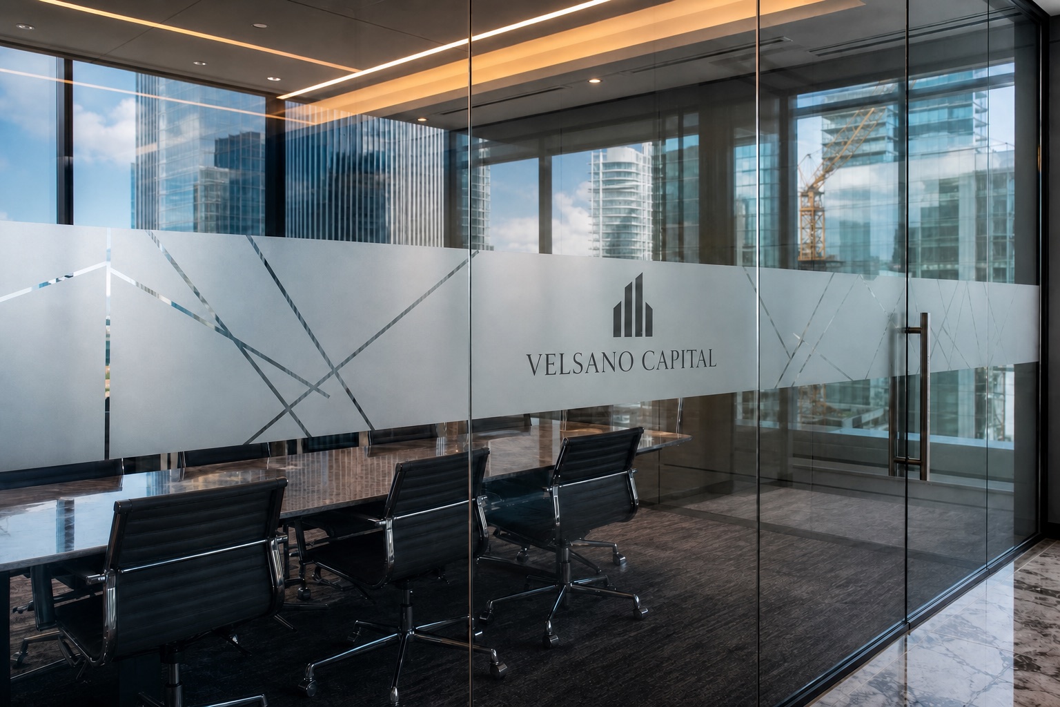 Frosted glass window graphics with etched logo on a conference room at Velsano Capital in Miami